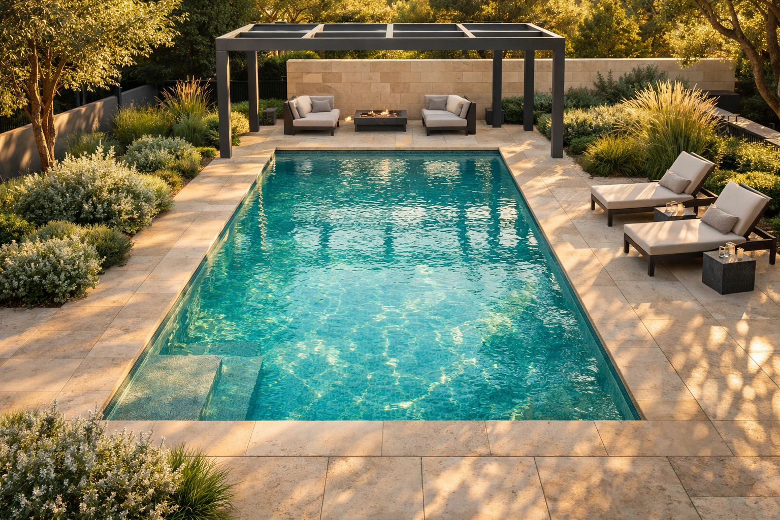Luxury residential pool in Canberra with travertine paving and native plants